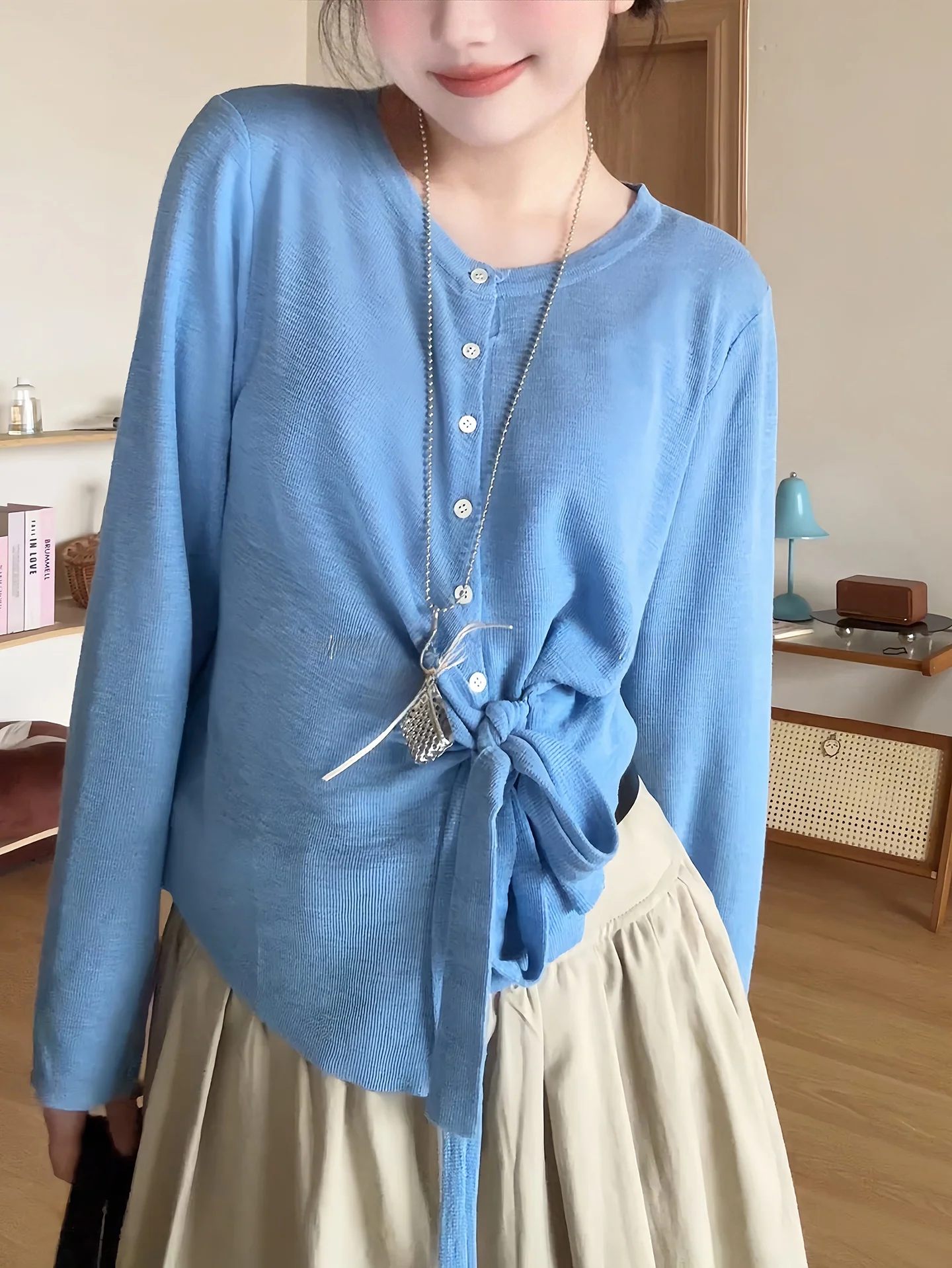 

Korean Sle Women's Knitted Open Cardigan Thin Bamboo Texture Belted Single Wear Soft Loose Fit Long Sve round Ne ort...