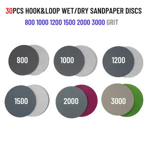 습식 건식 800 1000 1200 1500 2000 3000 그릿 샌딩 디스크, 물 사포 뒷면 벨벳 사포, 3 인치 75mm 샌딩 디스크, 30 개