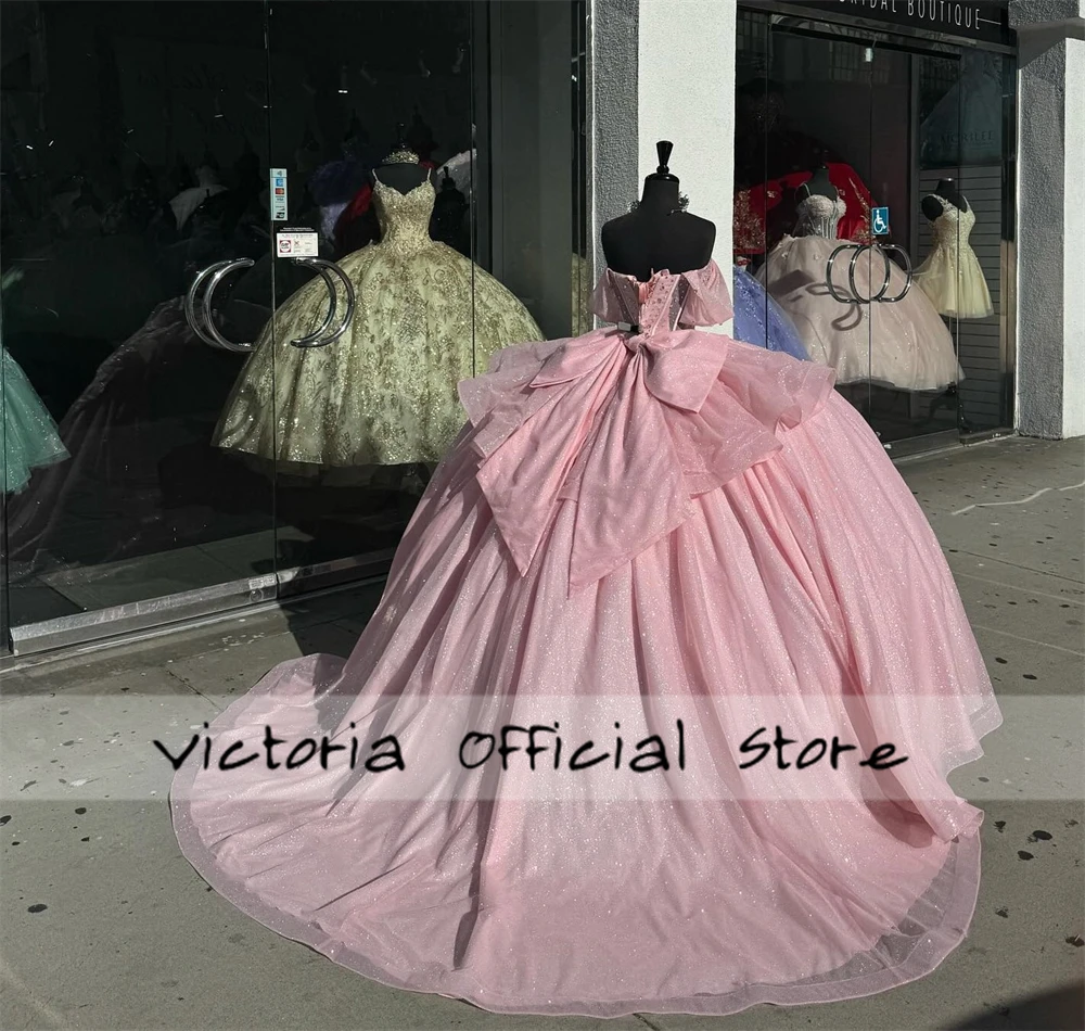 Stunning Pink Beaded Off The Shoulder Quinceanera Dress Princess Sweet 15 Years Girl Birthday Party Dress Vestido De Quinceañera