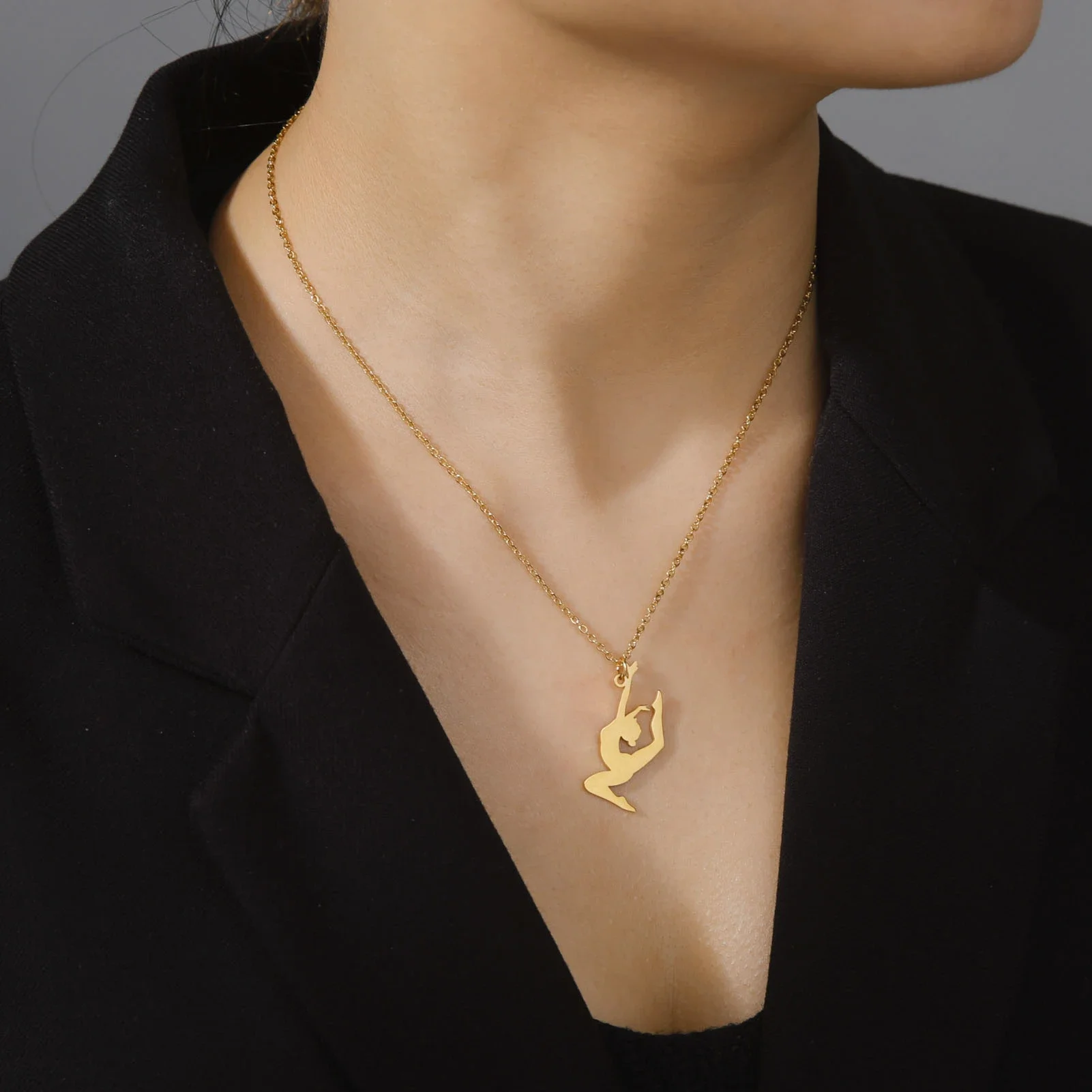 Skyrim Gymnast Pendant Necklace for Women Girls Gold Color Stainless Steel Neck Chains Gymnastics Sports Jewelry Gift New In