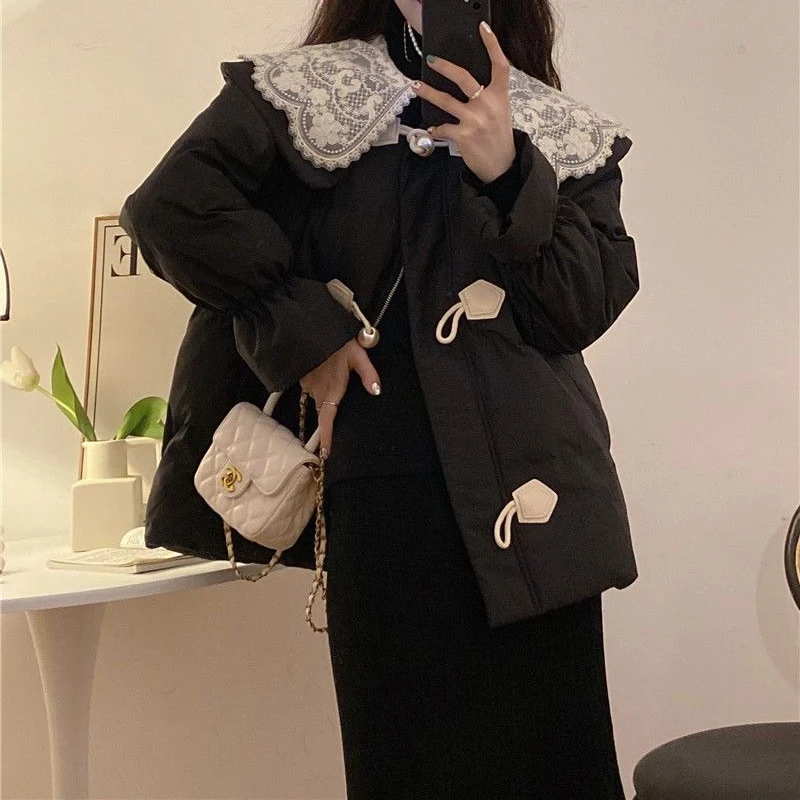 

Lace Doll Collar Design Cotton Coat Women's Clothing Winter 2025 New Loose Long-sleeved Cotton Coat