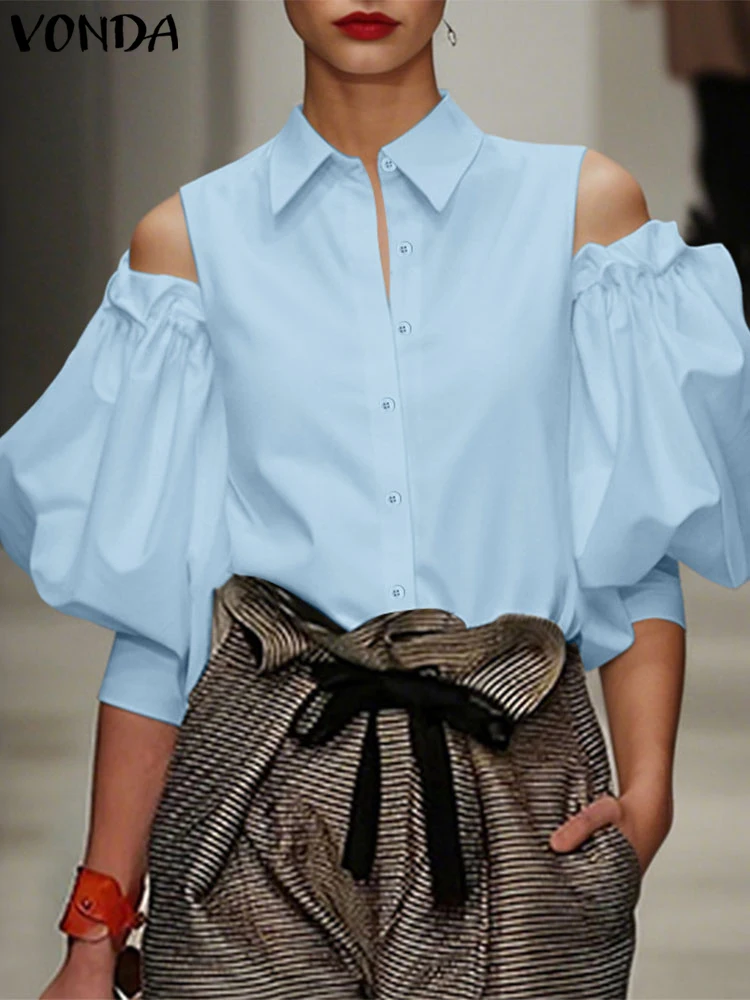 VONDA แฟชั่นผู้หญิงเสื้อ 2025 ฤดูร้อน OL เสื้อสํานักงานสบายๆสีทึบเสื้อด้านบนไหล่เย็นโคมไฟแขน Blusas