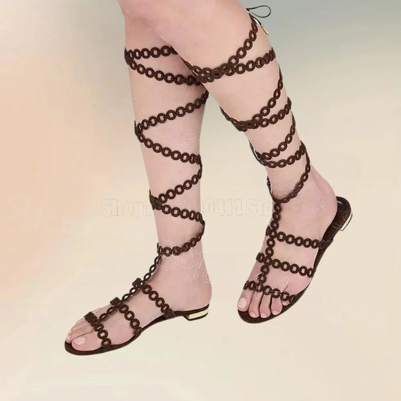 

Brown Suede Circle Design Twine Sandals Lace Up Women Shoes Low Top Open Toe Novel Party Feast Dating 2025 Zapatos Para Mujere