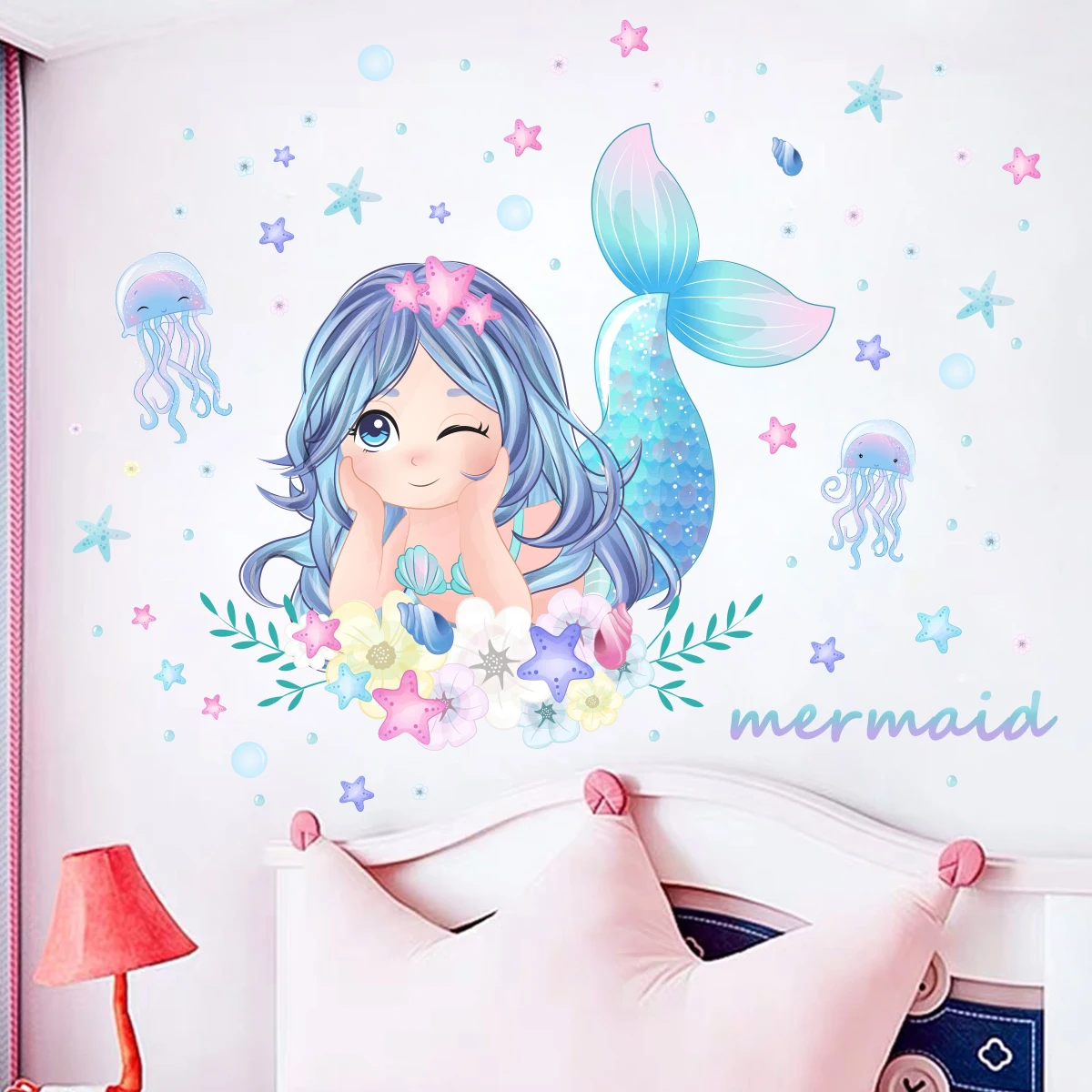 1Pc Cartoon Beautiful Mermaid Wall Stickers on The Wall Decoration for Bedroom Wallpaper Kids Room Living Room Decor for House