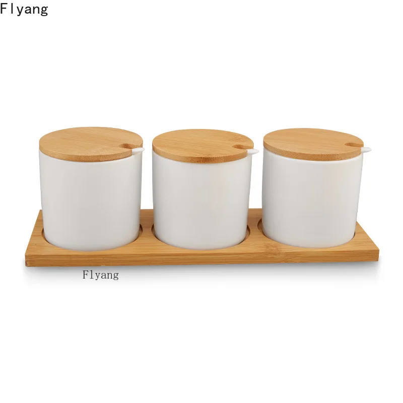 Ceramic bamboo cover set seasoning jar bamboo tray with spoon tray kitchen supplies condiment dispenser spice organizer storage