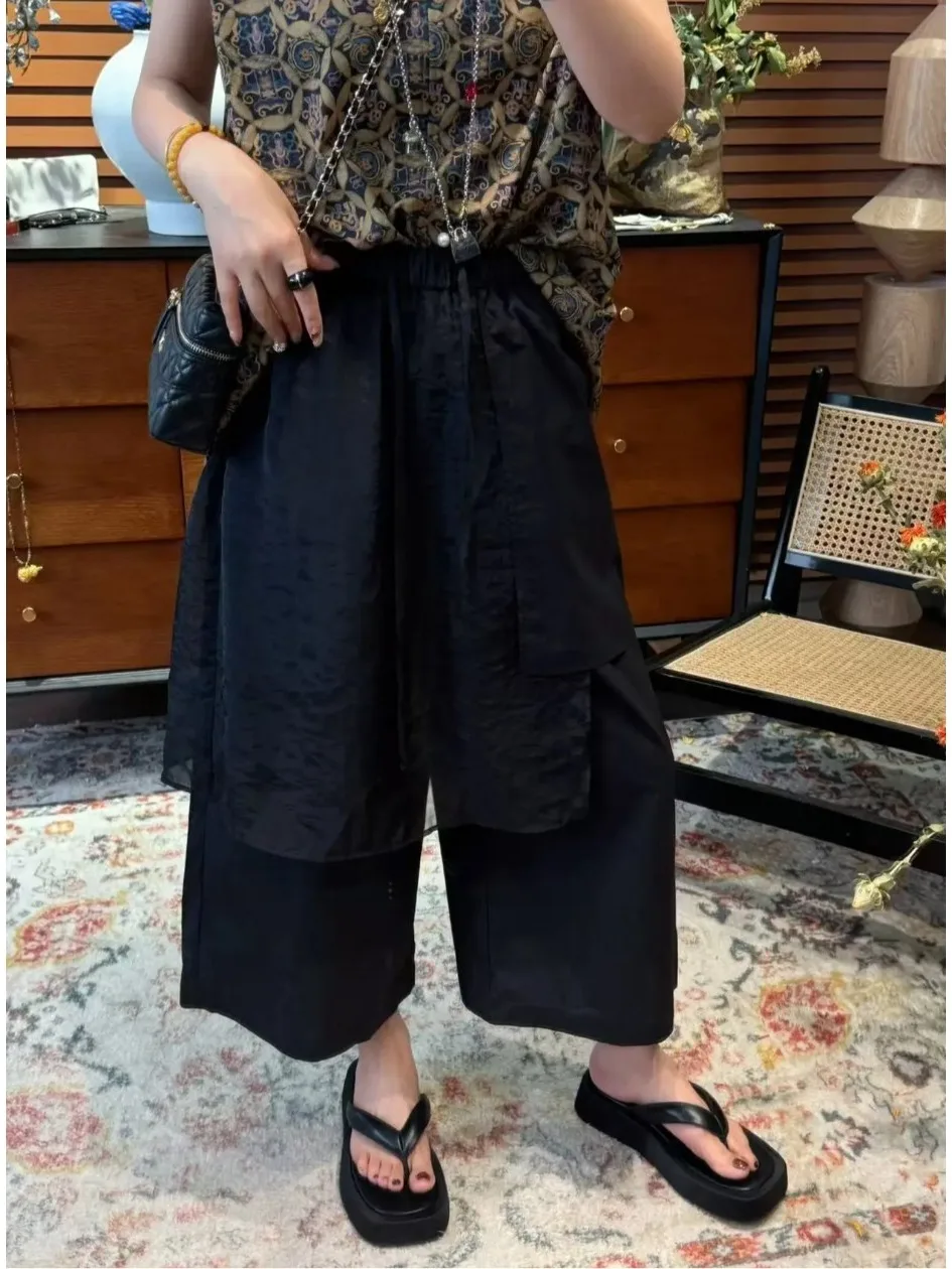 

Artistic Pure Color Design Wide Leg Pants Elastic Waist Casual Loose Fit Summer Seven Inch Women's plus Size Trousers