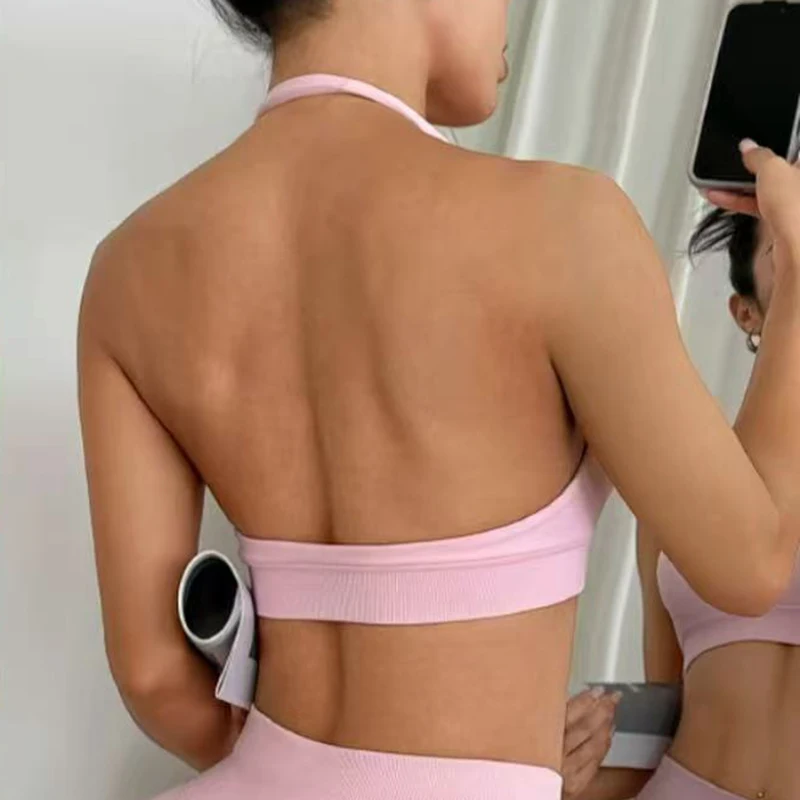 2026 New Women's Sexy Backless Yoga Sports Bra Shock-Absorbing Gathered Fitness Bra Beautiful Back Neck Hanging Design