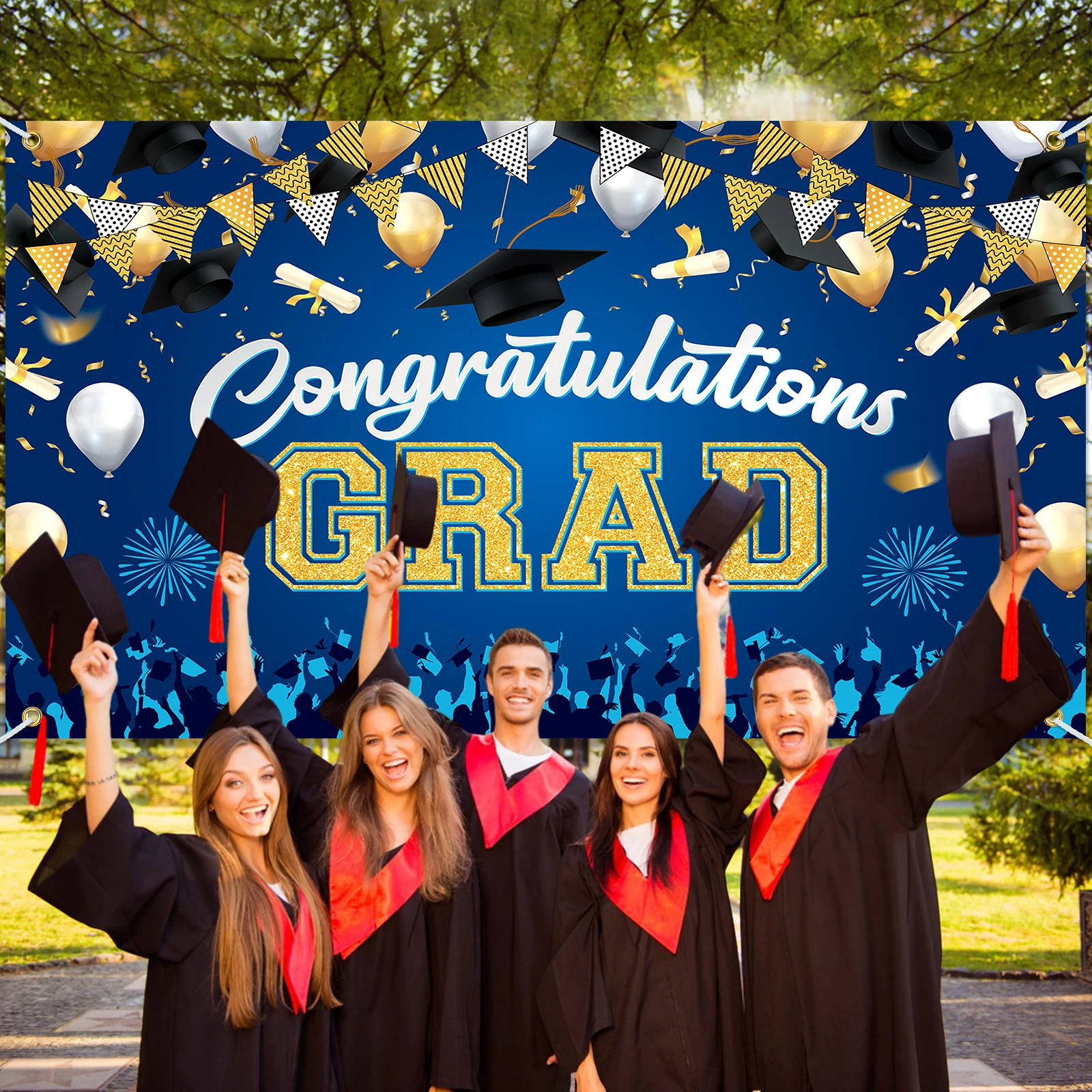 Congrats Grad Banner Backdrop Decor Set for Graduation Party Supplies Black and Gold Graduation Banner