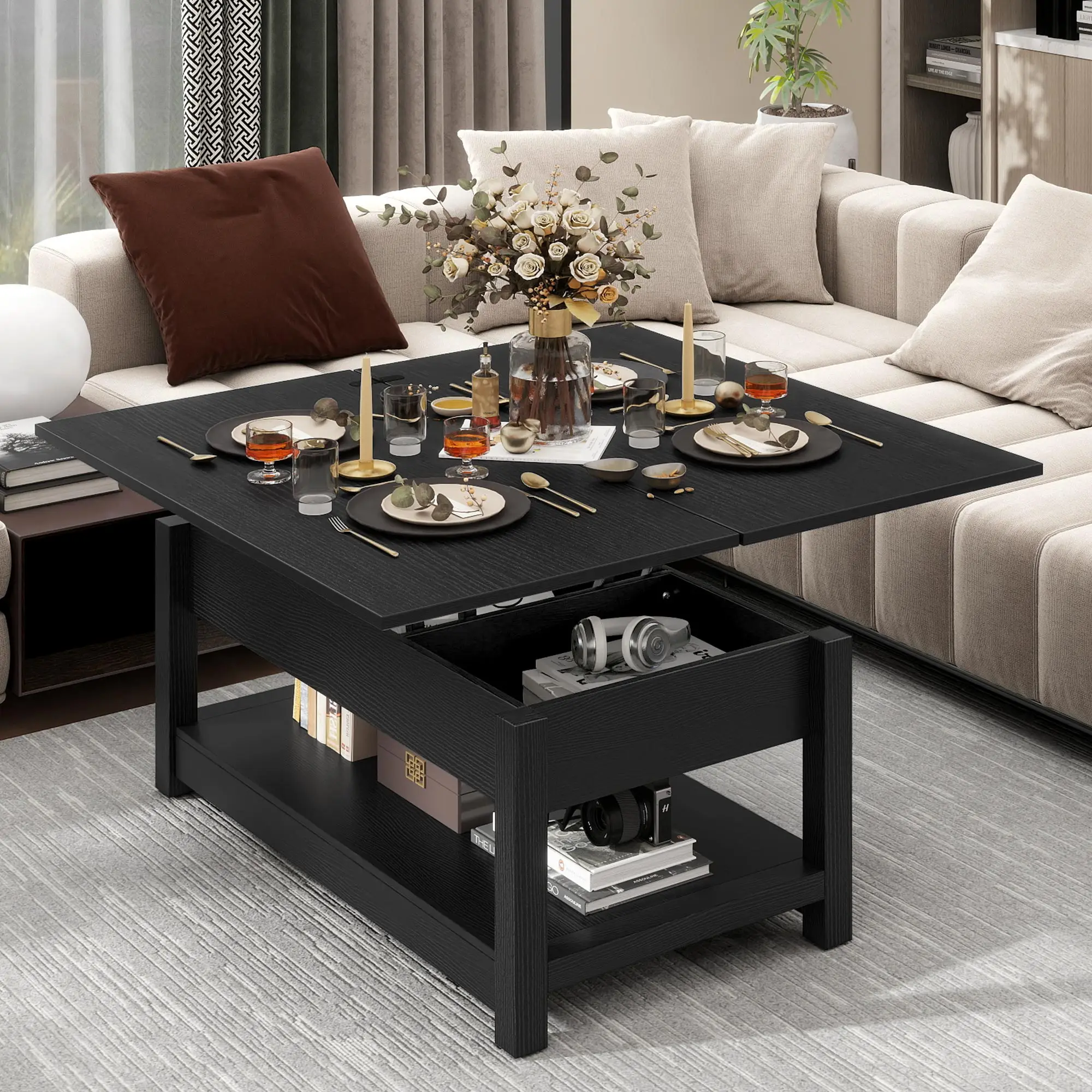 Farmhouse Lift Top Coffee Table, 3-in-1 Center Table with Storage for Living Room, OAK