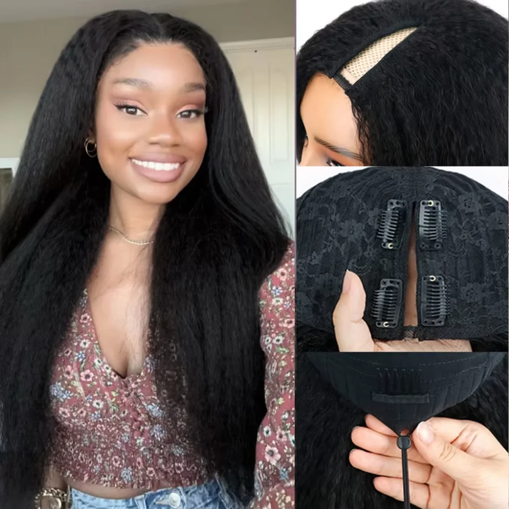 Kinky Straight V Part Wig With Drawstring Natural Black Human Hair Wigs Machine Fit V Part Wig Human Hair Kinky Straight U Part Wig Remy Human Hair Wig For Women