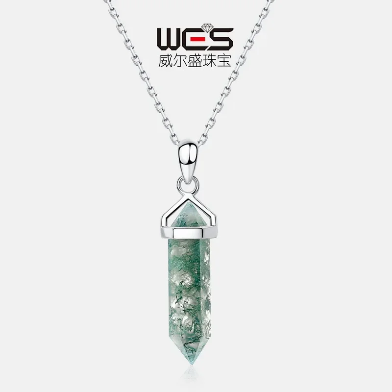 Natural Stone Green Moss Necklace 18K Gold Color Baby Stone PT950 Platinum Column Warhead Aquatic Agate