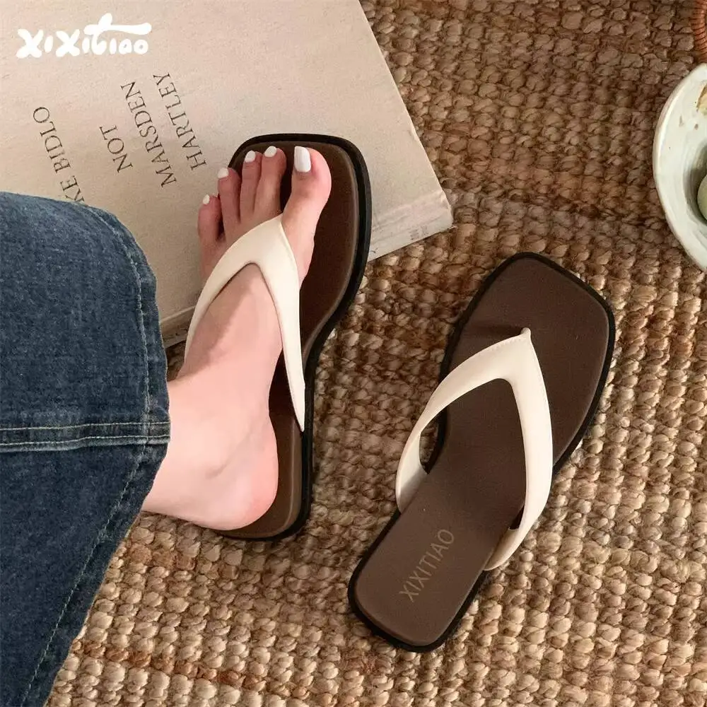 

Summer Outdoor Contrast Color Flip Flops for Women Korean Style Soft Soled Wedge INS Fashion High End Vacation Beach Shoes
