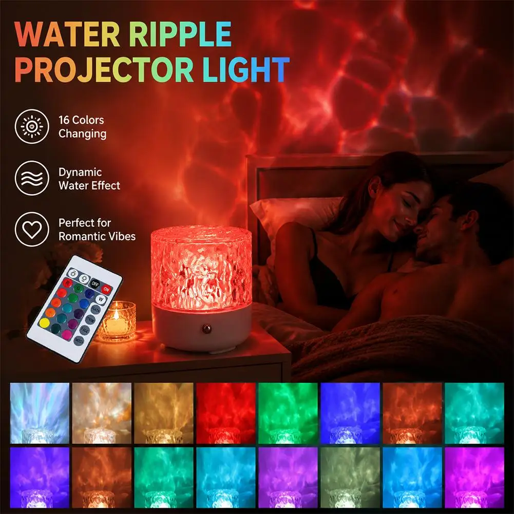 LED Rotating Water Ripple Night Light Clear Acrylic Projection Shell 16 Color Remote Control 1800mAh Battery Type C Rechargeable