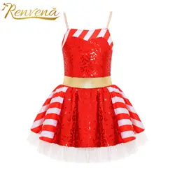 Kid Girls Sequins Christmas Santa Clause Costume Xmas Party New Year Elf Sleeveless Bow Tutu Dress Performance Dancewear