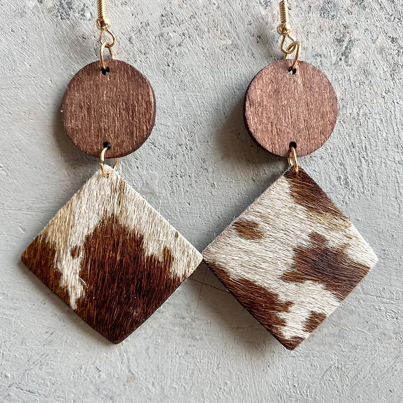 2024 Wholesale Leopard Print Horsehair Cowhide Wood Stitching Earrings Bohemian Cow Pattern Geometric Wood  Fashion Earrings