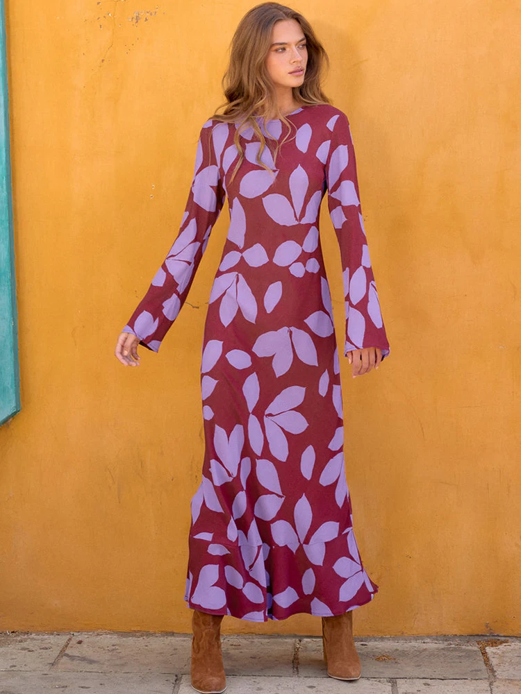 

Autumn Long Sleeve Floral Print Maxi Dress Women Pullover Fashion O Neck Bell Sleeve Loose Sexy Long Dresses Elegant