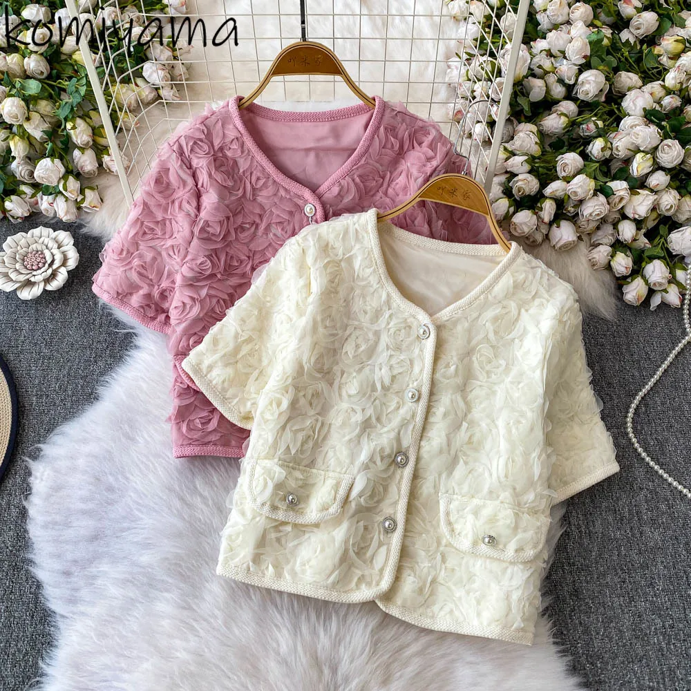 

3d Floral Woman 2025 Shirts Blouses Round Neck Short Sleeve Blusas Mujer Summer Clothing New Single Breasted Ropa Mujer Camisas