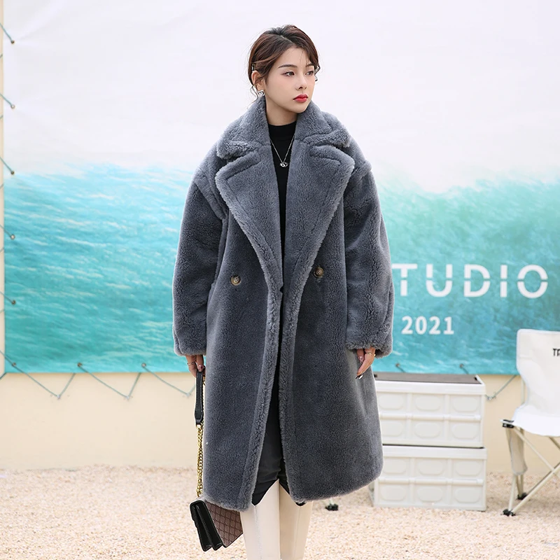 

Women Woolen Coats Autumn Winter Loose Casual Overcoat Long Sleeve Office Lady Outerwear Fashion Sheepskin Shearling Fur Coat