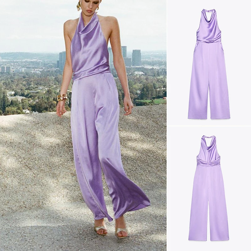 

Summer New Arrival Women's One-Piece Pantsuit Silk Satin Texture Hanging Ne Collar Pleated Decoration Wide Leg High Waist