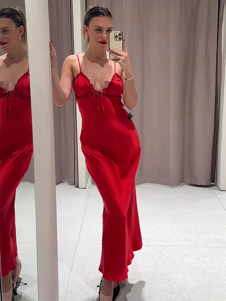 웨딩 게스트 여성을위한 우아한 긴 드레스 넥타이 V 넥 스파게티 스트랩 새틴 맥시 드레스 섹시한 오픈 백 날짜 나이트 파티 드레스