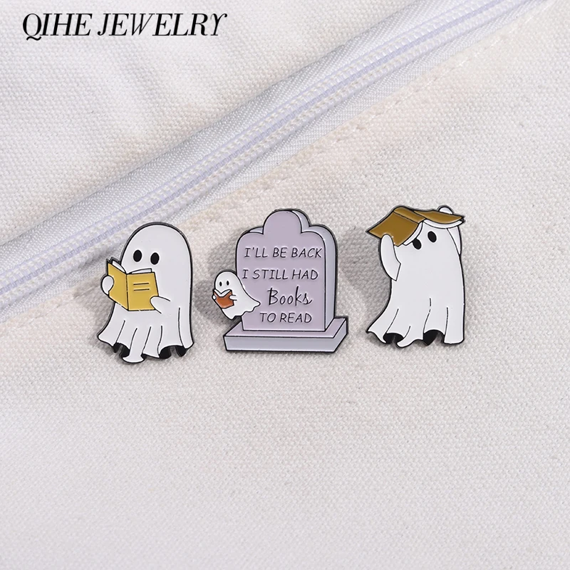 Cartoon Boo Ghost Love Reading Enamel Pins Funny I'll Be Back I Still Had Books To Read Brooch Collar Lapel Badge Jewelry Gifts