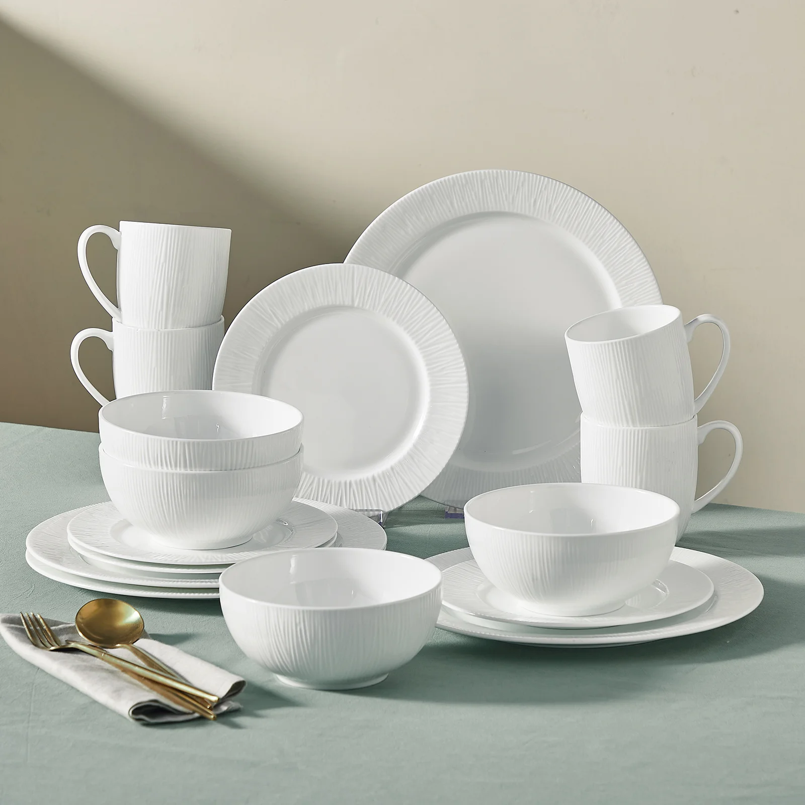

16-Piece Bone China Dinnerware Set | White Textured Plates Bowls & Mugs | Service for 4 | Dishwasher & Microwave Safe