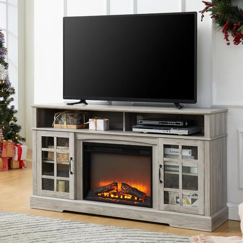 

58'' Fireplace TV Stand for Television up to 65", Entertainment Center with Storage Cabinet and Shelves, 23'' Detachable Electri