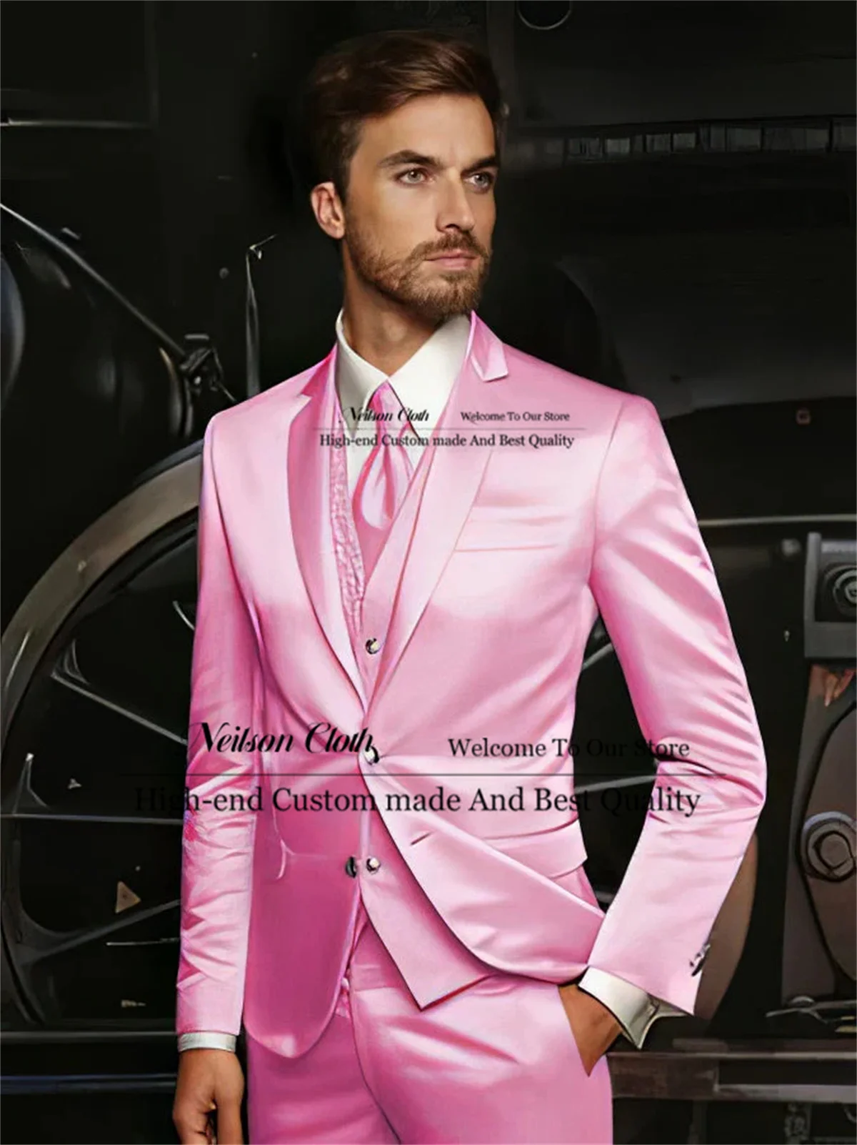 

Pink Notched Lapel Male Prom Blazers 3 Pcs Sets Slim Fit Groom Wedding Tuxedos For Men Slim Fit Customized Terno Masculino