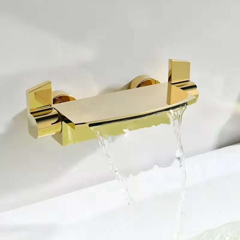 Brass body rim-mounted bathtub faucet, hot and cold wall-mounted mixing valve, gold shower head waterfall faucet
