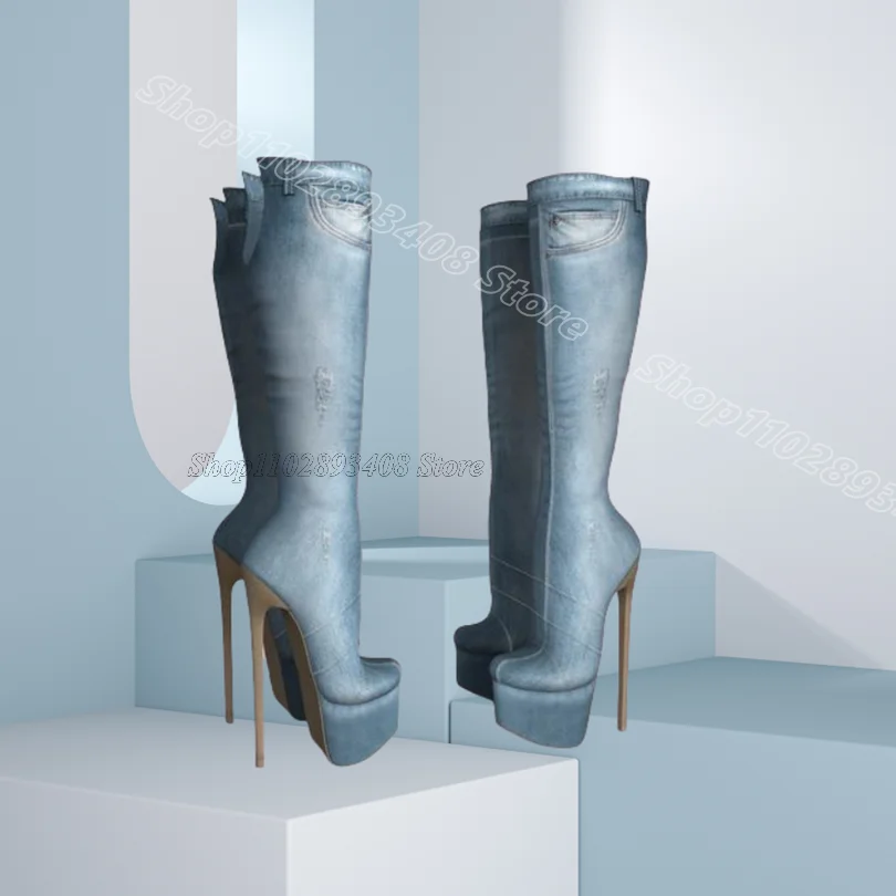 

Blue Platform Side Zipper Stiletto Boots Round Toe British Style Spring Women Fashion Party Dress Shoes 2025 Zapatos Para Mujere