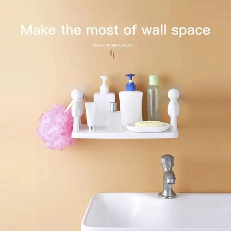 Creative Bathroom Storage Shelves Cute White Doll Shelves No Drilling Self-Adhesive for Soap Shampoo Organizer Home Decor