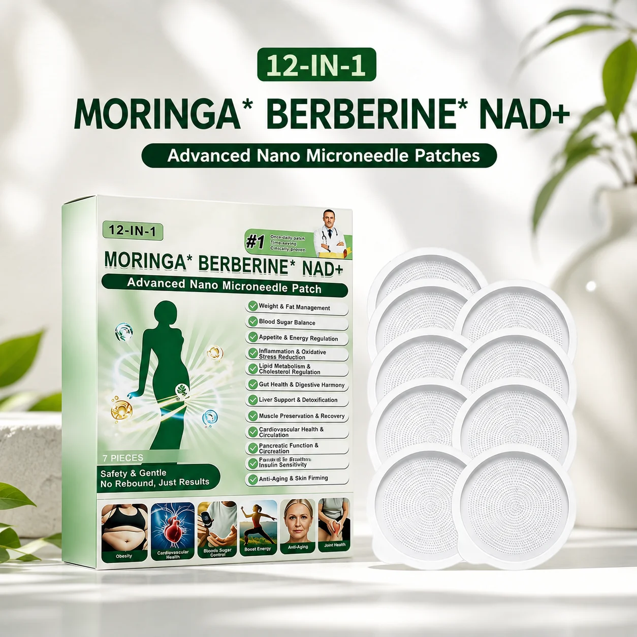 12-IN-1 Moringa * Berberine * Nad+ Nano Microneedle Patches ≤0.3mm, Easy To Use Gentle Skin-firming for All Skin Types Unisex