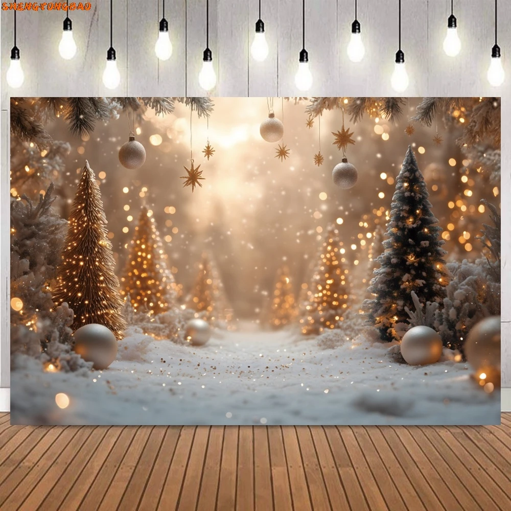 สีขาวคริสต์มาสการถ่ายภาพพื้นหลัง Xmas Pine Tree Gold Bells ฤดูหนาวหิมะเด็กภาพตกแต่งคริสต์มาสฉากหลัง Photo Studio