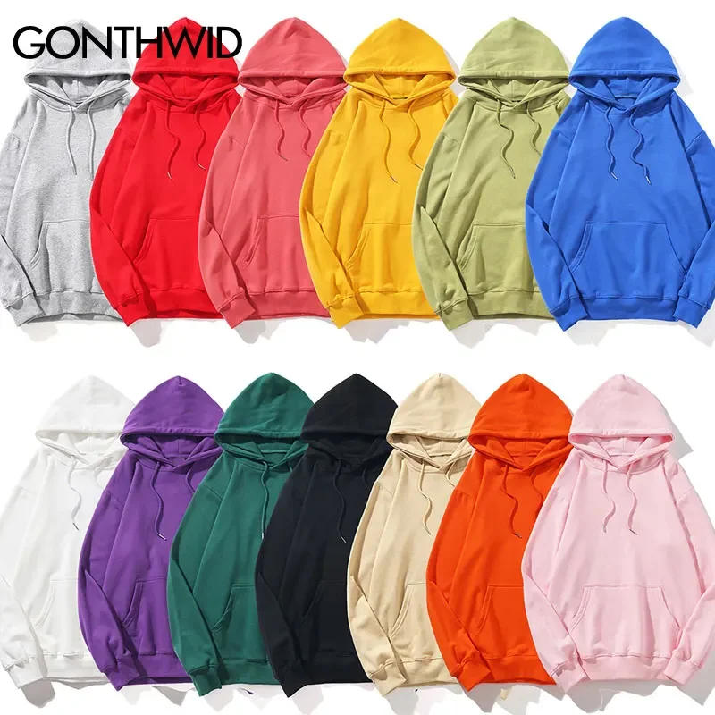 GONTHWID Men\'s Hoodies Pullover Casual Solid Color Sports Outwear Hooded Sweatshirts Hoodies Fashion Streetwear Sweatshirt Tops