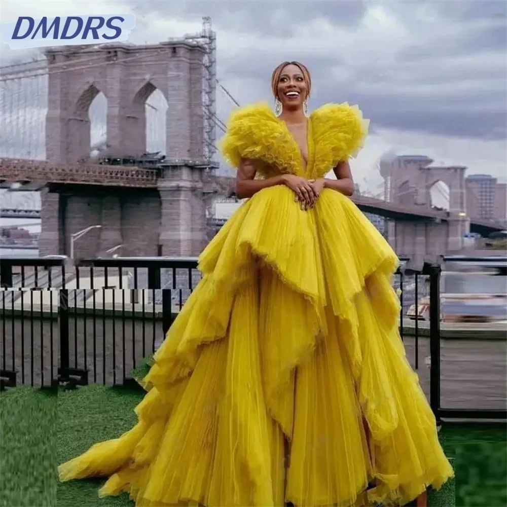 Luxuoso vestido amarelo de baile, gracioso vestido de baile de tule, elegante e charmoso, até o chão, 2024