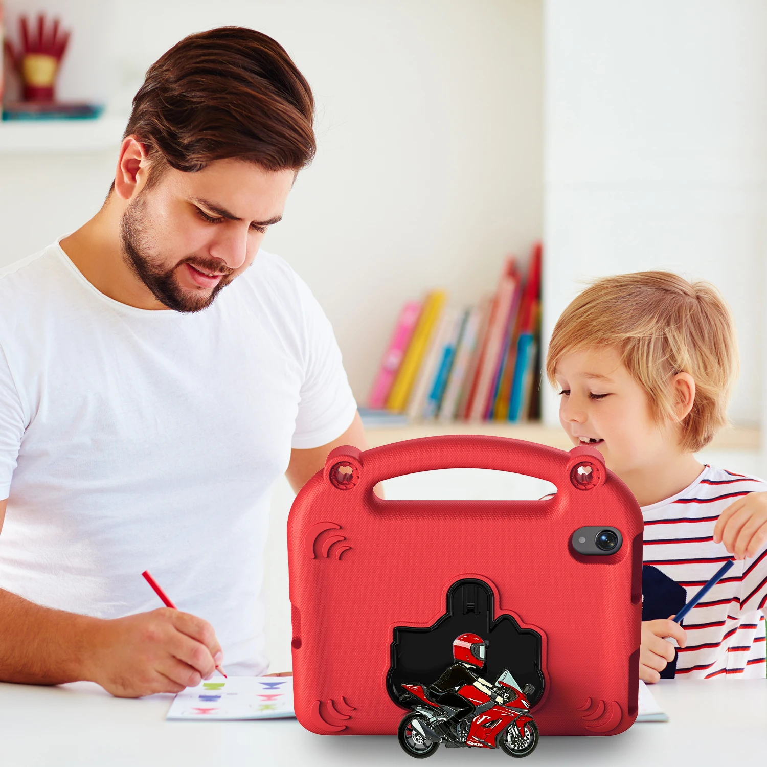 حافظة أطفال لجهاز iPad mini 7 6 8.3 بوصة A2995 mini 5 4 3 2 1 7.9 بوصة A2124 EVA غطاء لوحي مقاوم للصدمات مع حامل دراجة نارية أنيق