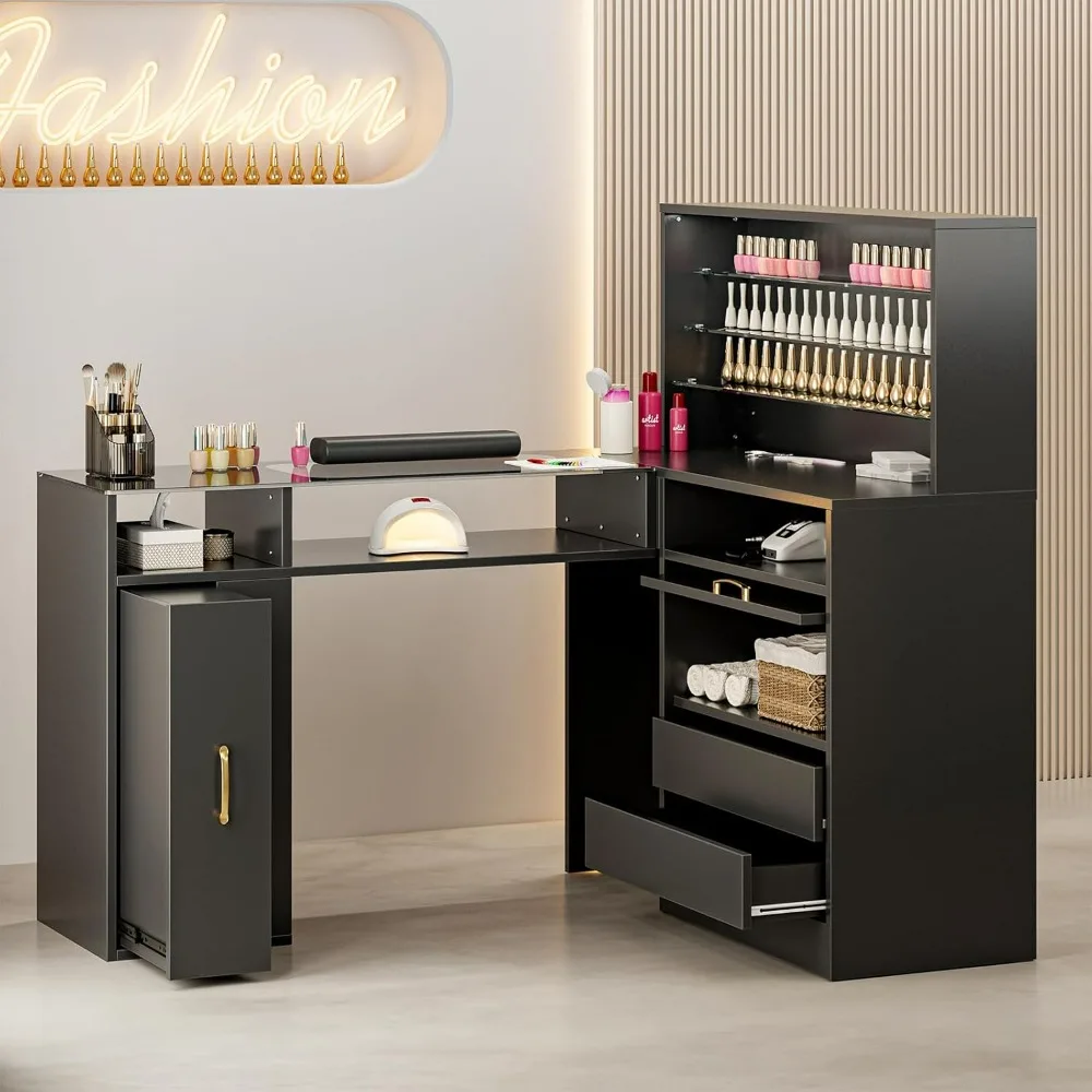 

L-Shaped Manicure Table with Shelves, Storage Drawers, LED Lights, Cabinet, Wrist Cushion & Gold Handles, Glass Top Nail Table