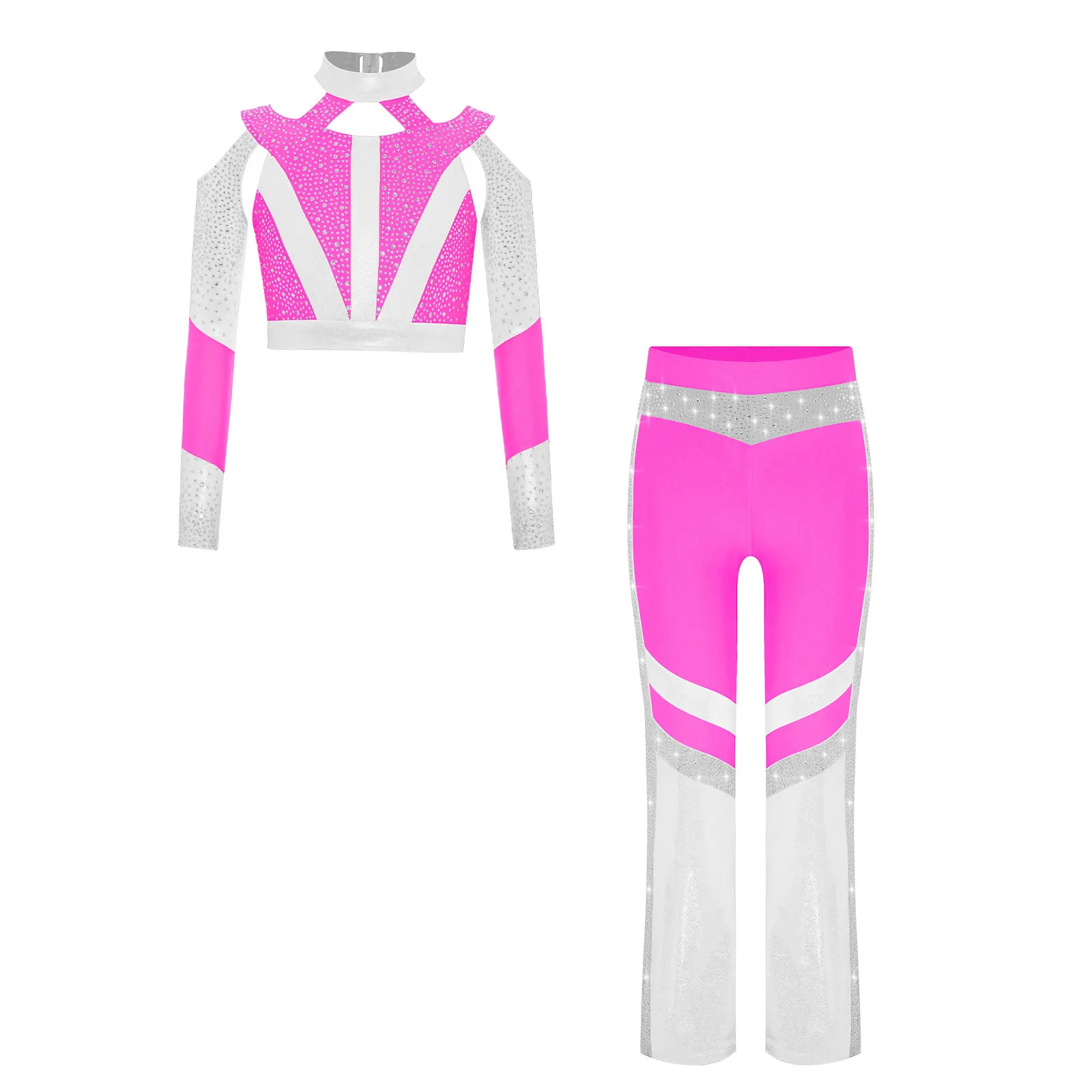 Mädchen Gymnastik Akrobatik Tanzkostüm Langarm Strass Ausschnitt Crop Top mit Hosen Set für moderne Street Dance Kleider