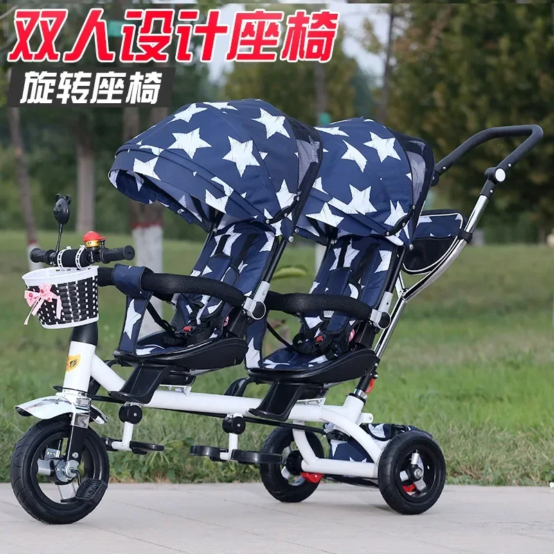 Baby Twin Driewieler Kinderwagen 3 Wielen Dubbele Kinderwagen Voor Kinderen Tweeling Vangrail Seat Baby Peuter Fiets Auto Driewieler Kinderwagen