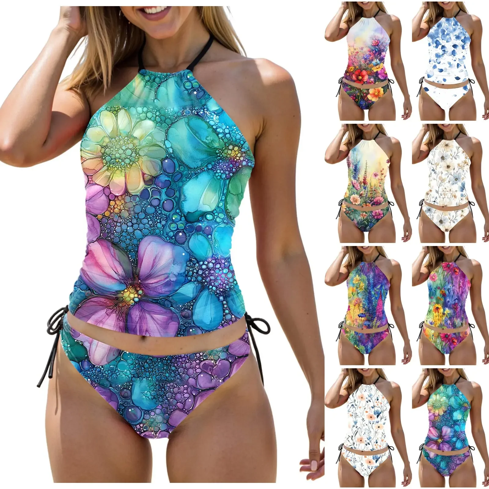 المرأة الأزهار طباعة خمر Tankini ملابس السباحة معلقة الرقبة قبالة الكتف عارية الذراعين قمم منتصف الخصر الجانب التعادل التجفيف السريع السراويل