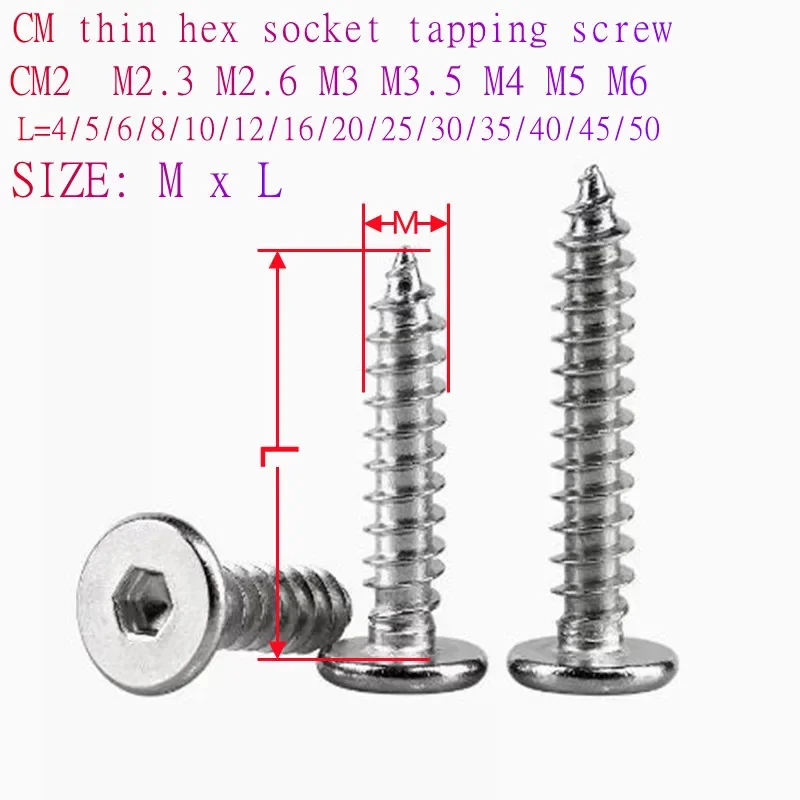 100/1000pc M2 M2.3 M2.6 M3 M4 M5 M6 CM 304 Stainless Steel Ultrathin Hex Ultra Thin Low Flat Wafer Head Self Tapping Screw