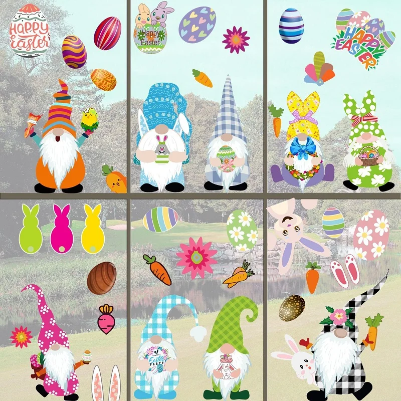 

9pcs Cartoon Bunny Egg Chick Carrot Happy Easter Window Glass Sticker Spring Easter Decoration for Home Living Room Wall Sticker