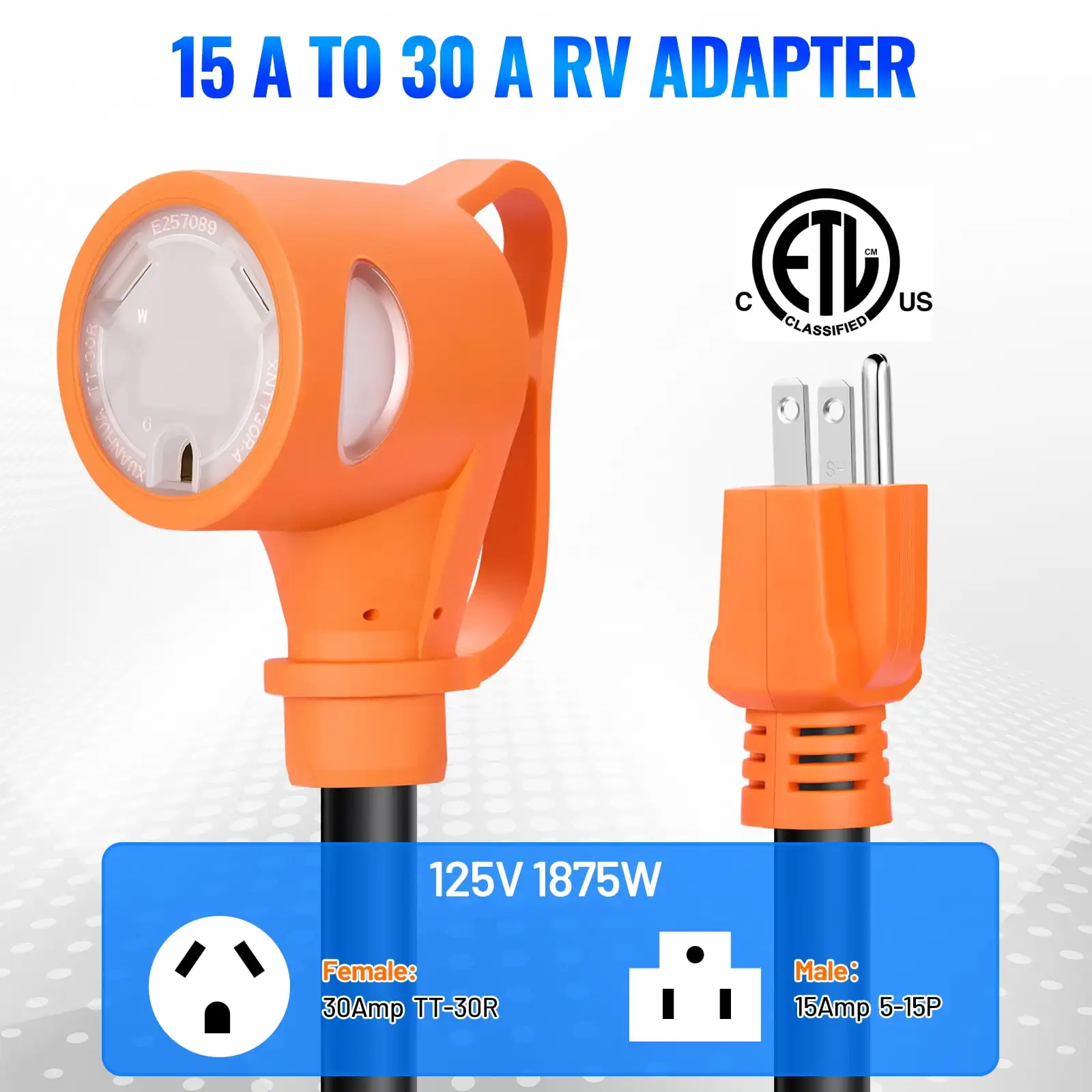 سلك محول طاقة RV من 15A إلى 30A، 10 مقياس من النحاس النقي مع مؤشر LED، قبضة مريحة للمركبات الترفيهية الصغيرة #6