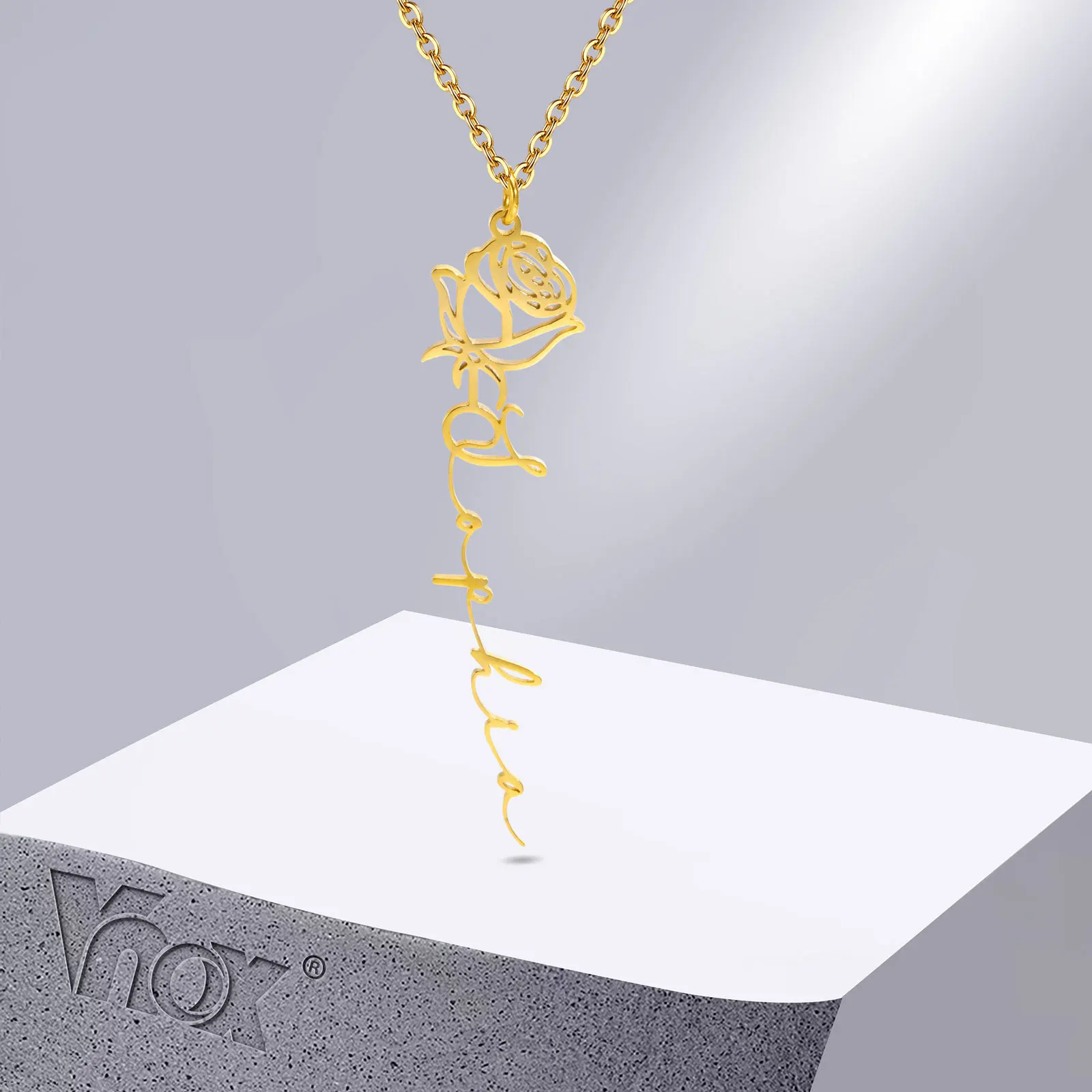 Vnox Customize Name Necklaces for Women, Rose Pendant with Personalized Name Flower Path, Meaningful Anniversary Gift Collar