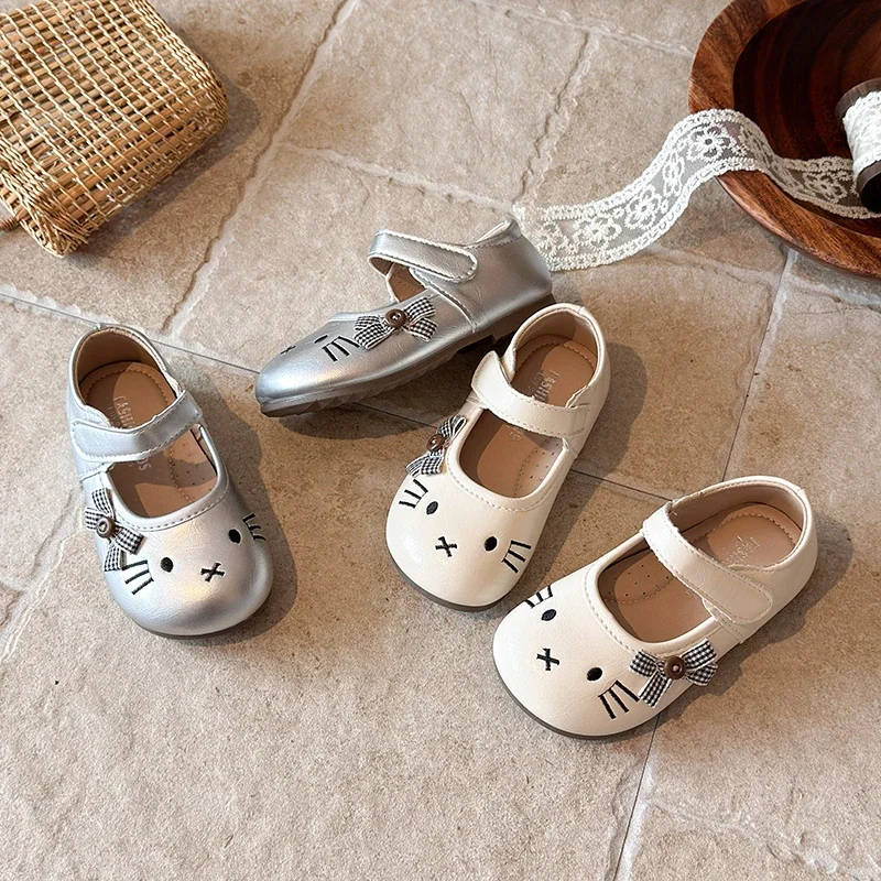 Little Girls Cartoon Cat Embroidery Mary Jane Shoes, Plaid Bow Hook‑and‑Loop Soft Flat Casual Shoes