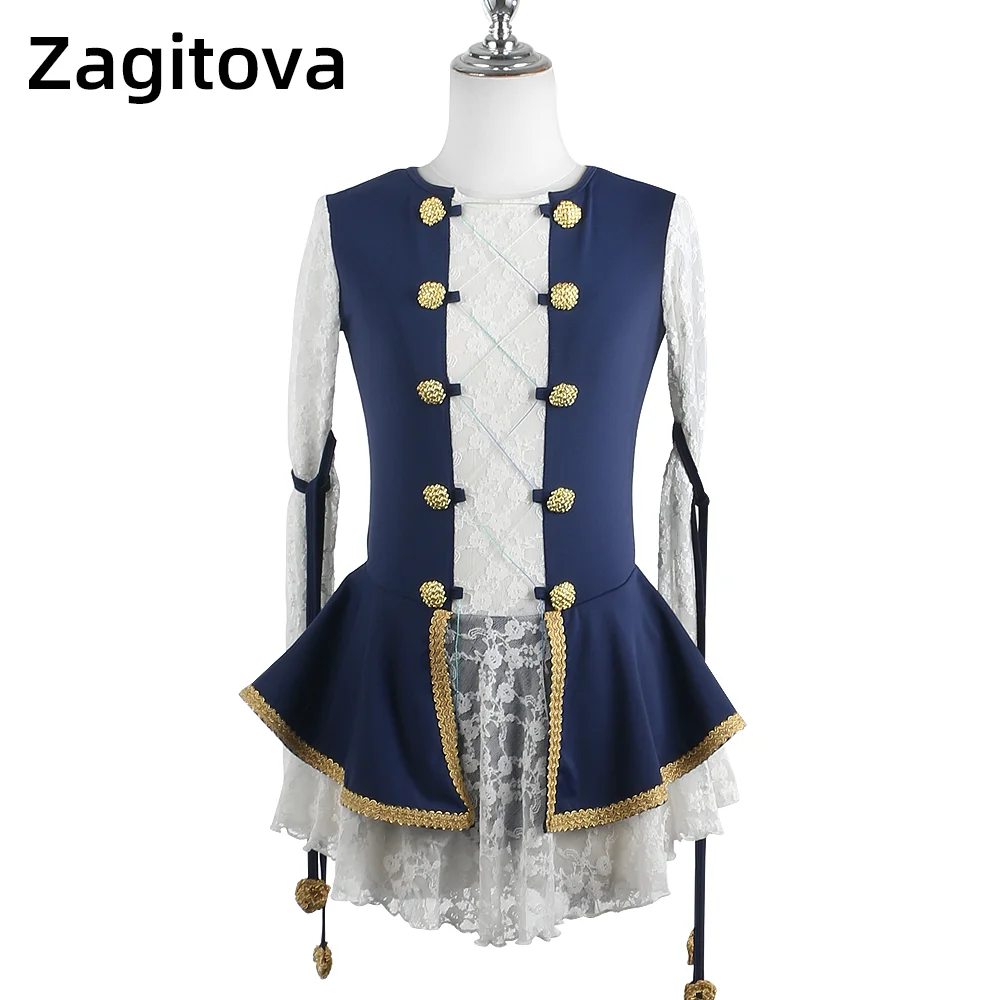 

Zagitova Figure Skating Dress Women Girls Ice Skating Skirt Performance Competition Retro Navy Style Costume
