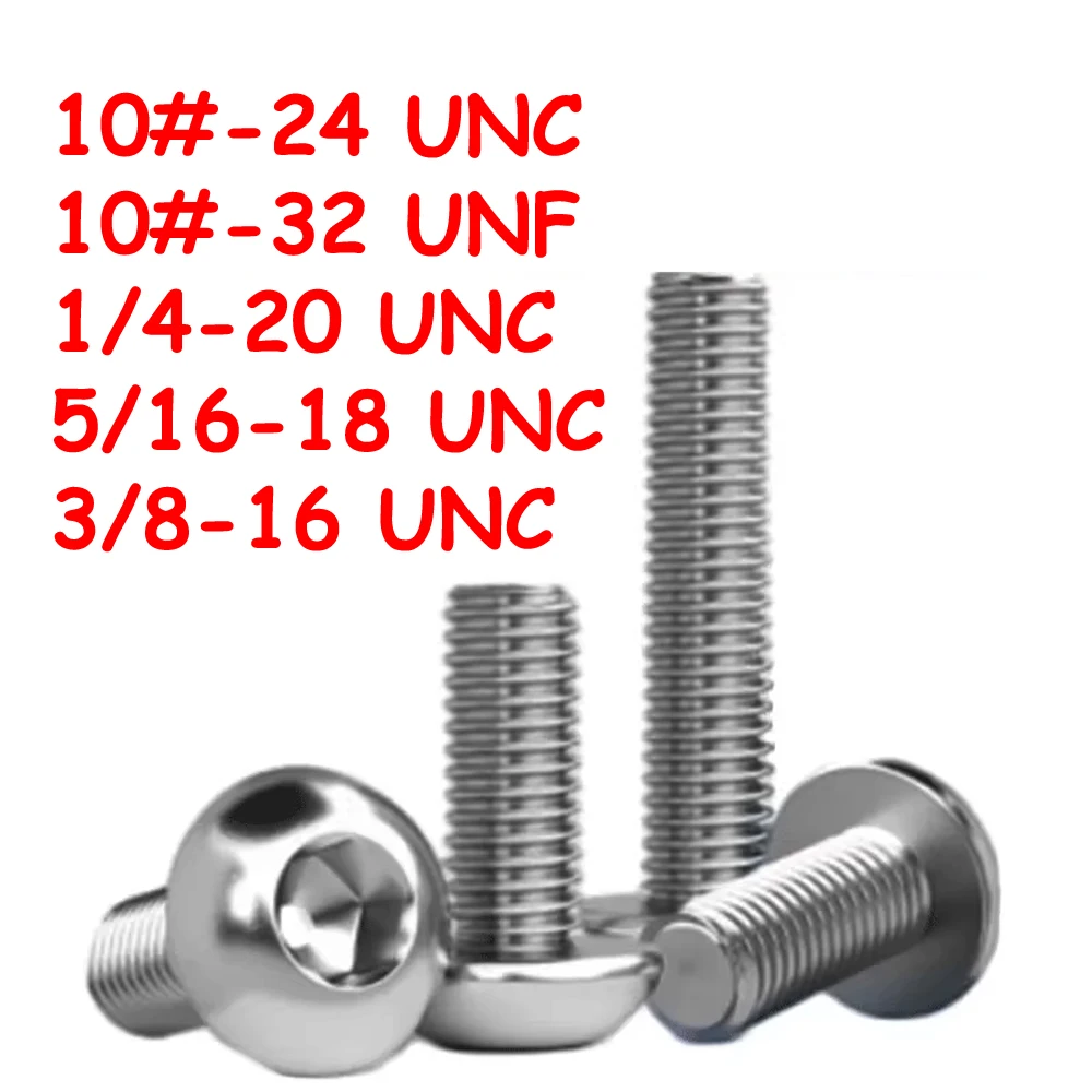 Yiqianyuan 10# 1/4'' 5/16'' 3/8'' UNC UNF ISO7380 SUS304 Hex Socket Button Round Head Screws Allen Key Bolt Full Threaded