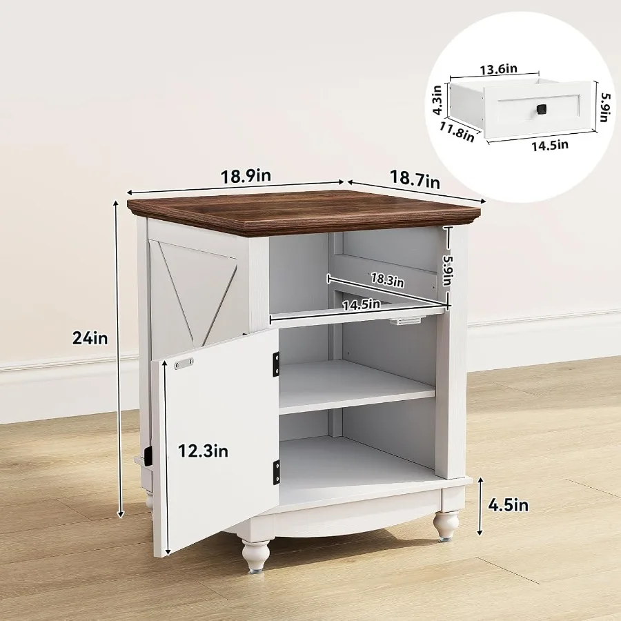 引き出しと収納キャビネット付きファームハウスエンドテーブル 18インチ ホワイトナイトスタンド ドア付きベッドサイドエンドテーブル 調節可能な棚付き