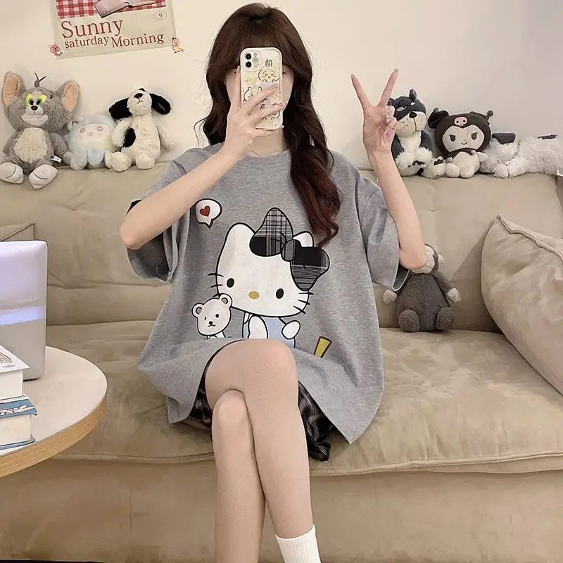Pajama Girl Hello Kitty Summer Short Sleeved Sanrio Shorts Thin Fit Can Be Worn Outside Pure Cotton Home Clothes Plus Size Loose