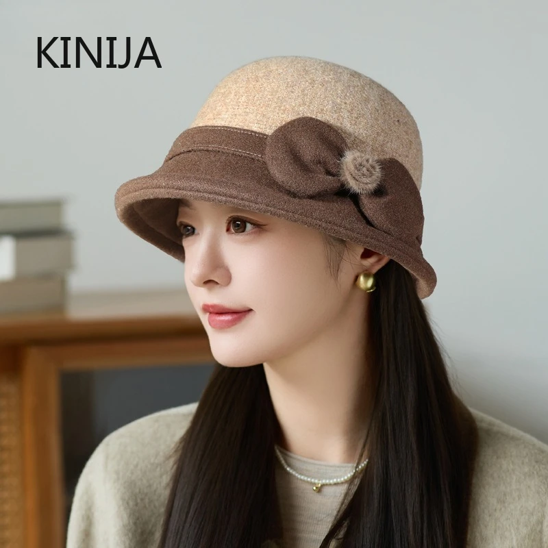 Französischer Stil Vintage Eimerhut Filzhut mit gefalteter Form Damen Herbst Woll Tweed Warm Winddicht Fischerhut Mädchen Geschenk